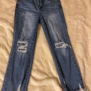 Blue Ankle Cropped Distressed Jeans